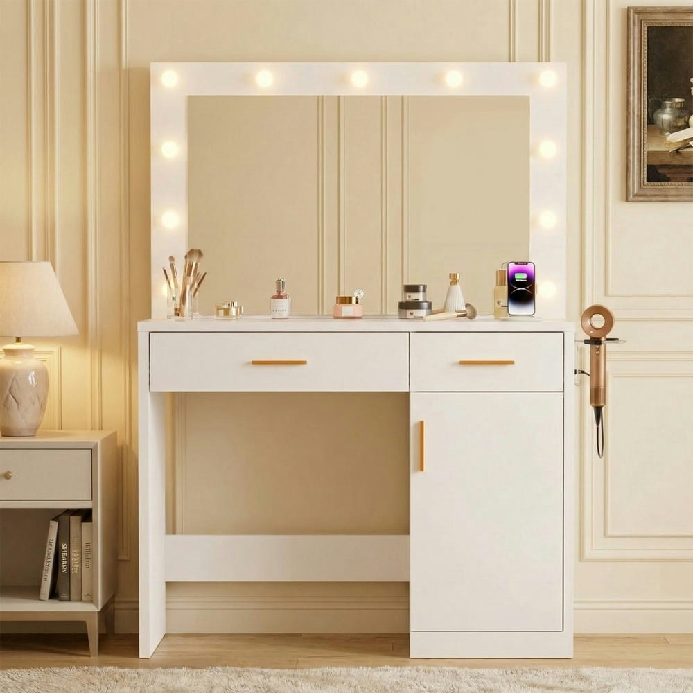 Zunmos 2-Drawer Vanity Desk with Mirror and Lights: $115.97
