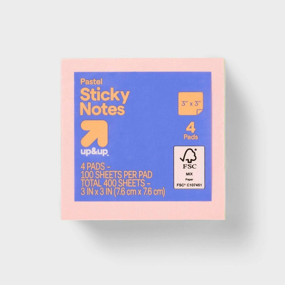 Up&Up 3"x3" Pastel Sticky Notes 4-Pack: $2.99