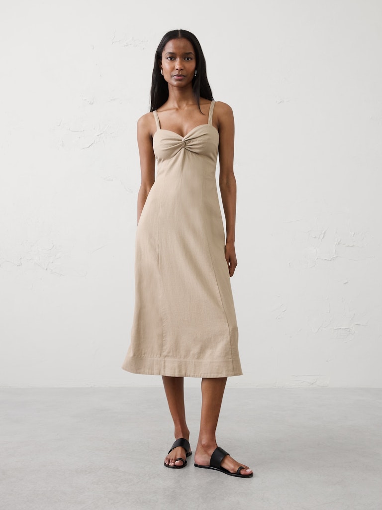 Linen-Blend Strappy Twist-Front Midi Dress: $75 Linen-Blend Strappy Twist-Front Midi Dress: $75
