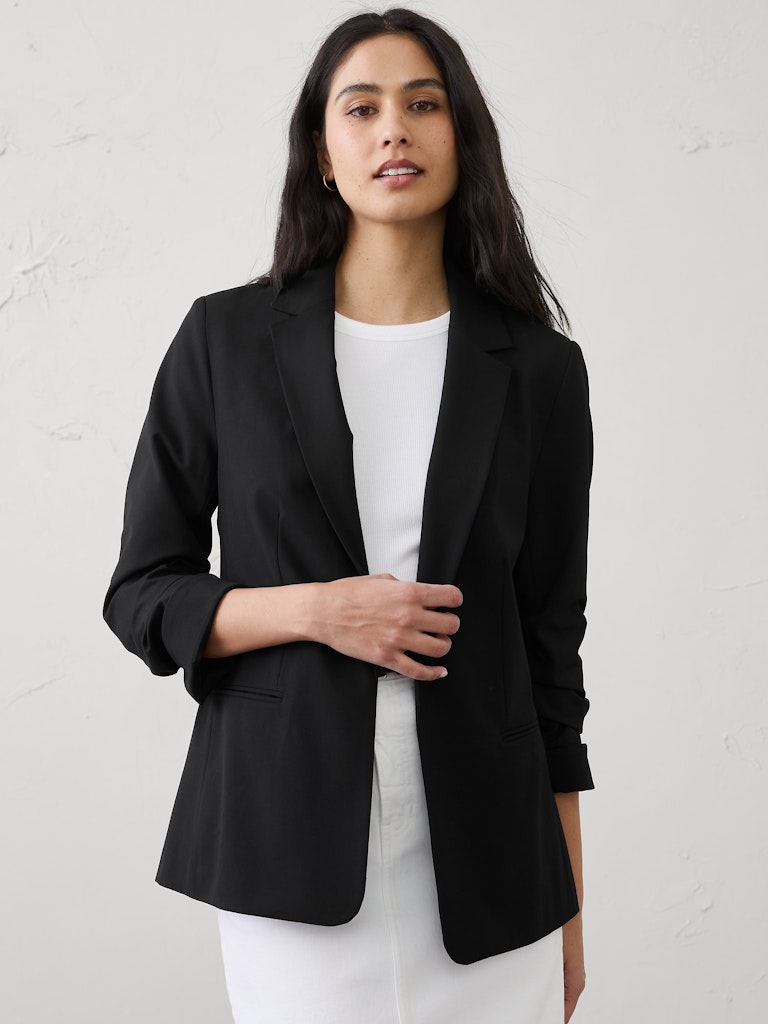 Sculpted Stretch Ruched-Sleeve Blazer: $90 Sculpted Stretch Ruched-Sleeve Blazer: $90