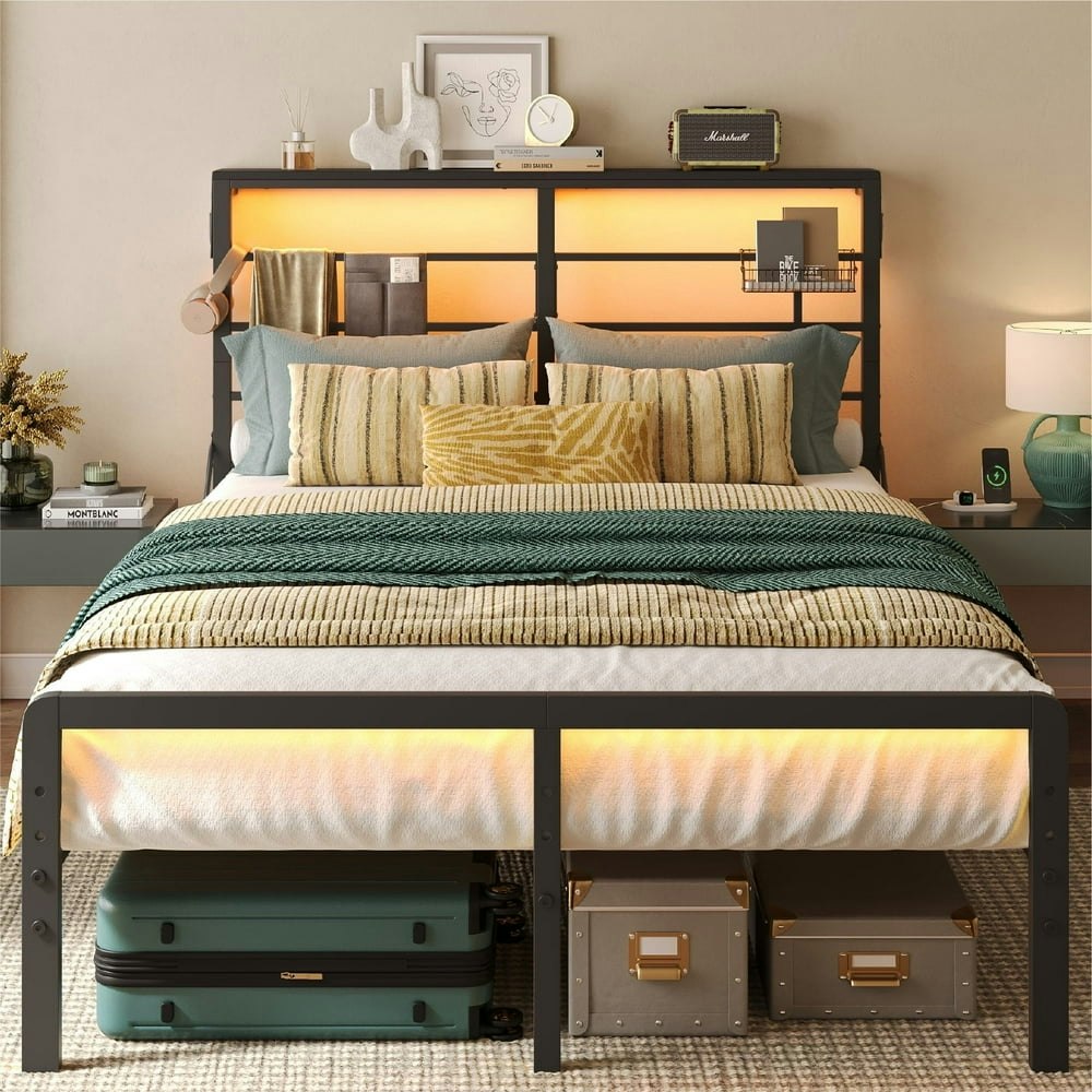 Bestier Queen Metal Platform Bed Frame with LED Headboard: $100.69