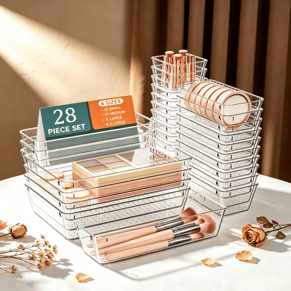 Clear Plastic Stackable Drawer Organizer Bins 28-Pack: $15.81 Clear Plastic Stackable Drawer Organizer Bins 28-Pack: $15.81