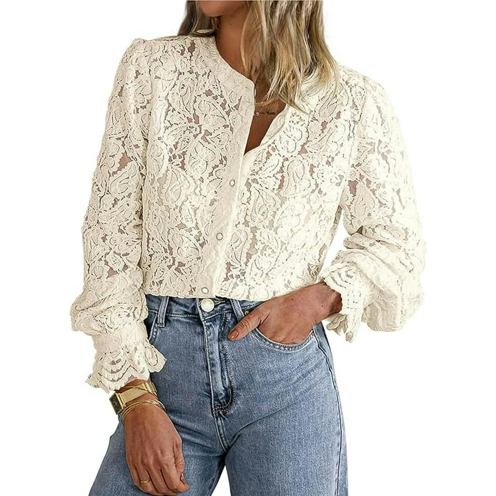 Prettygarden Women's Long Sleeve Lace Button-Up Blouse: $29.59