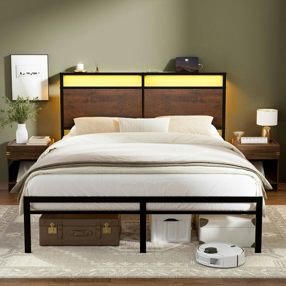 Gunaito Queen Metal Platform Bed with Headboard, LED Lights, and Charging Station: $99.99 Gunaito Queen Metal Platform Bed with Headboard, LED Lights, and Charging Station: $99.99