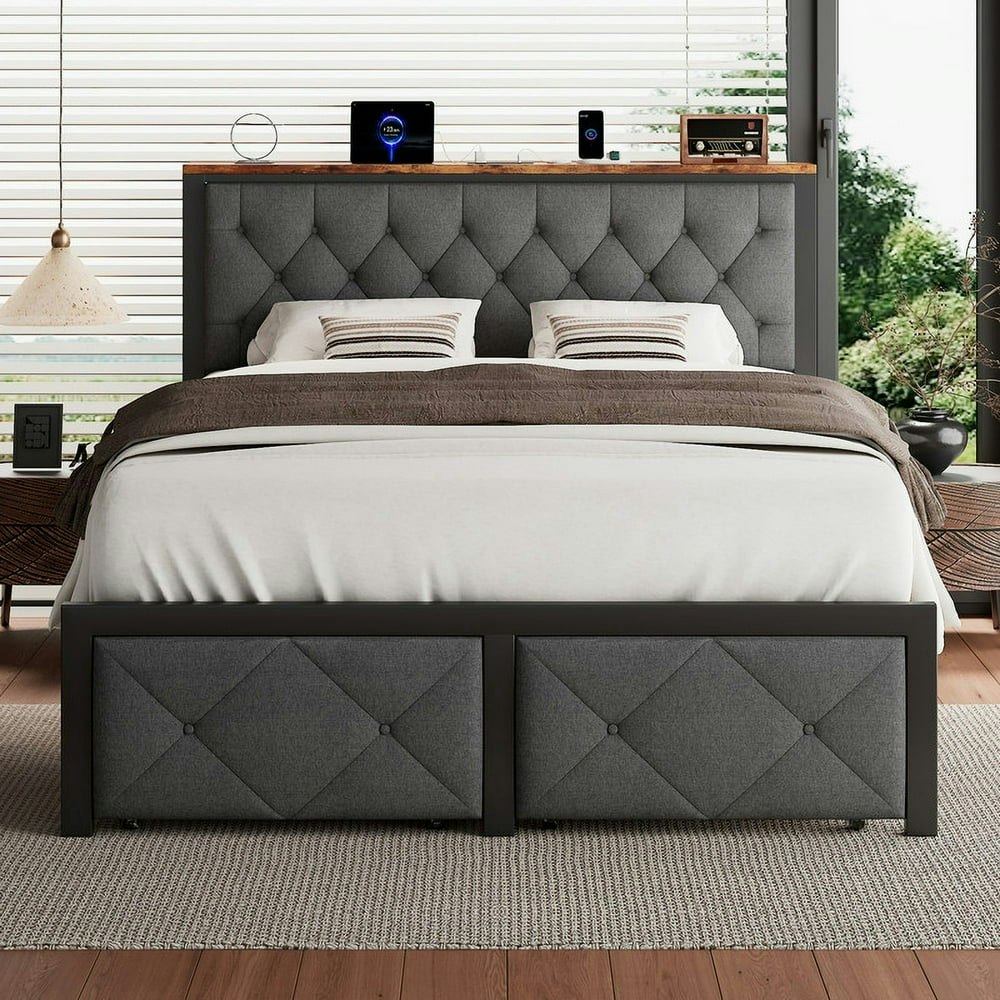 iPormis Full Metal Platform Bed Frame with 2 Storage Drawers and Charging Station: $154.99