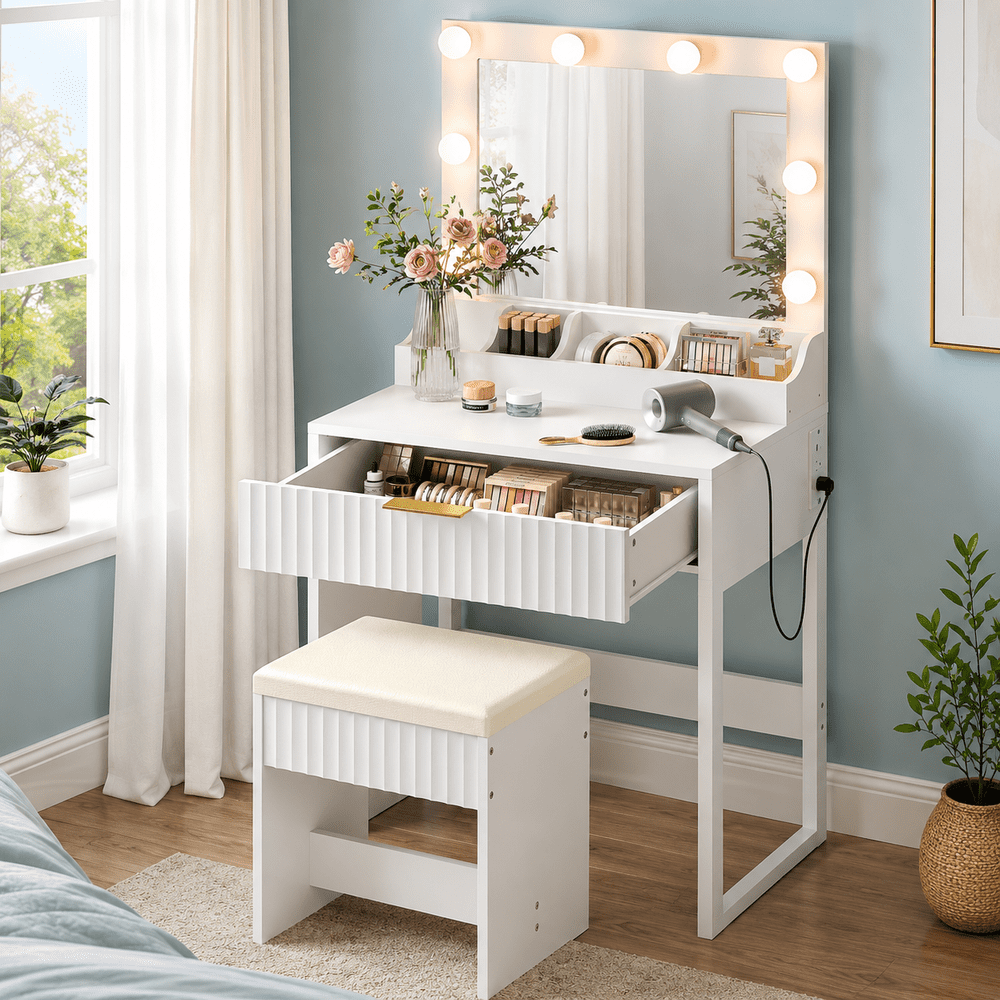 Ktaxon Fluted Makeup Vanity Table with Stool: $117.99 Ktaxon Fluted Makeup Vanity Table with Stool: $117.99