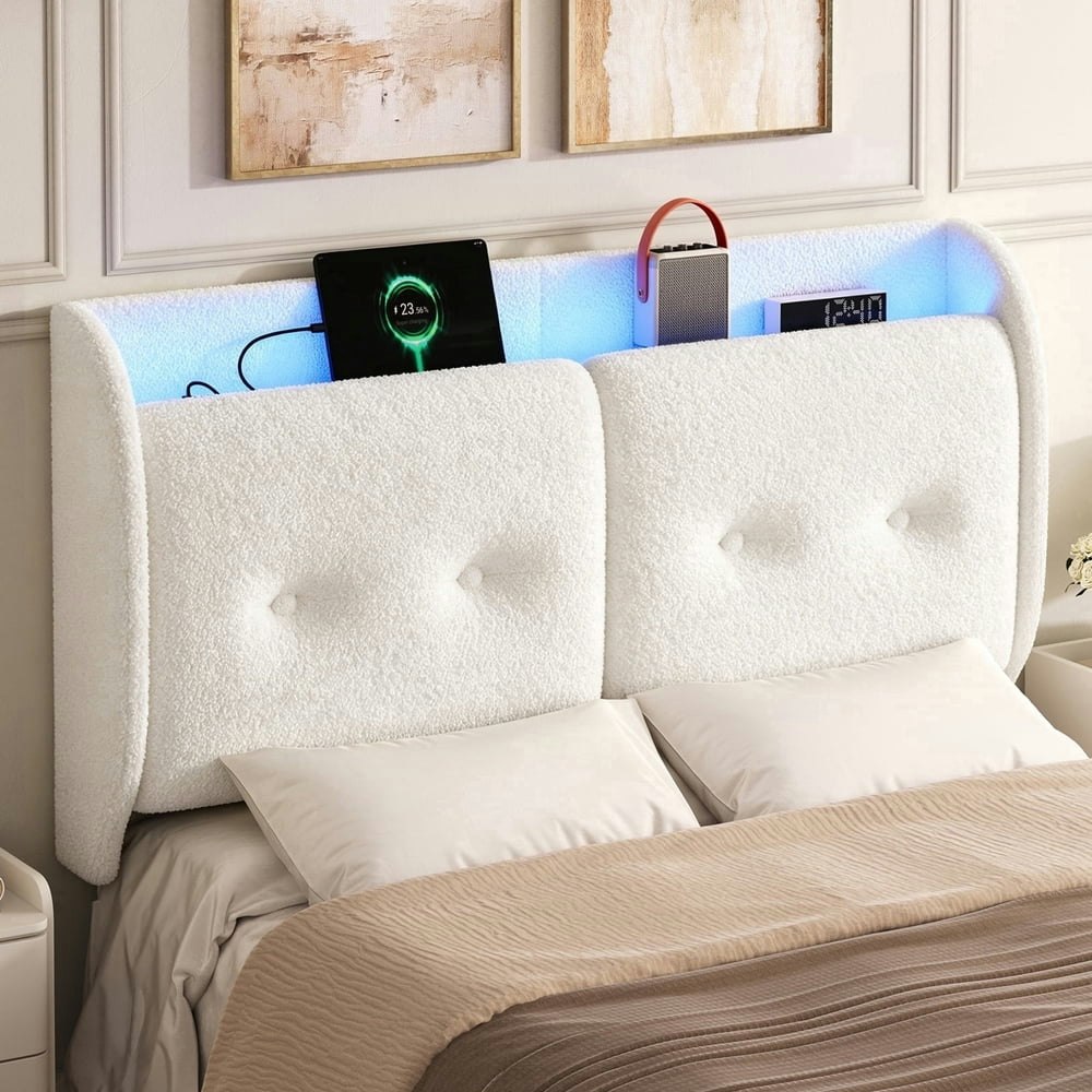 Pinmoco Queen Upholstered Wingback Headboard with Storage and Charging Station: $115.98