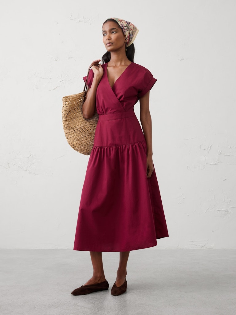 Poplin Surplice Midi Dress: $75 Poplin Surplice Midi Dress: $75