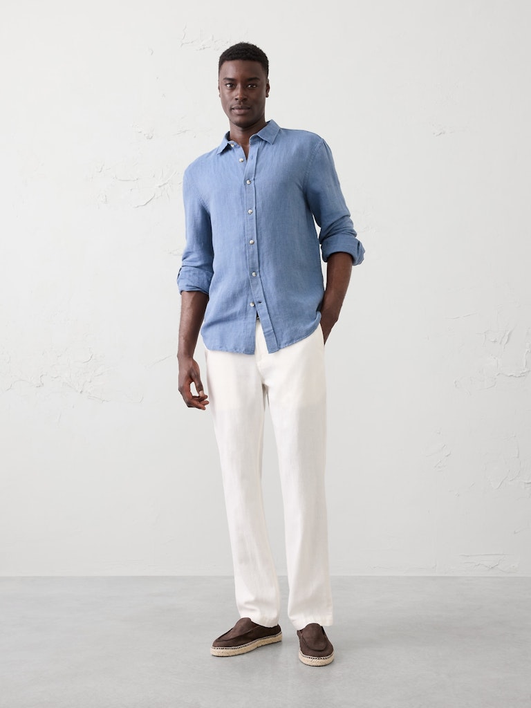 Slim-Straight Linen-Blend Trousers: $60
