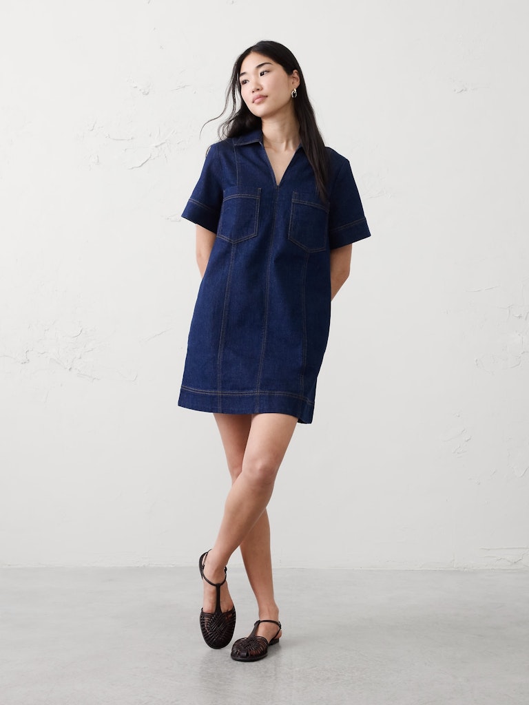 Denim Pocketed Mini Dress: $52 Denim Pocketed Mini Dress: $52