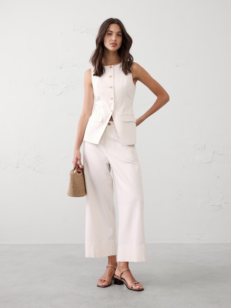 Linen-Blend Long Cutaway Vest: $94.97 Linen-Blend Long Cutaway Vest: $94.97
