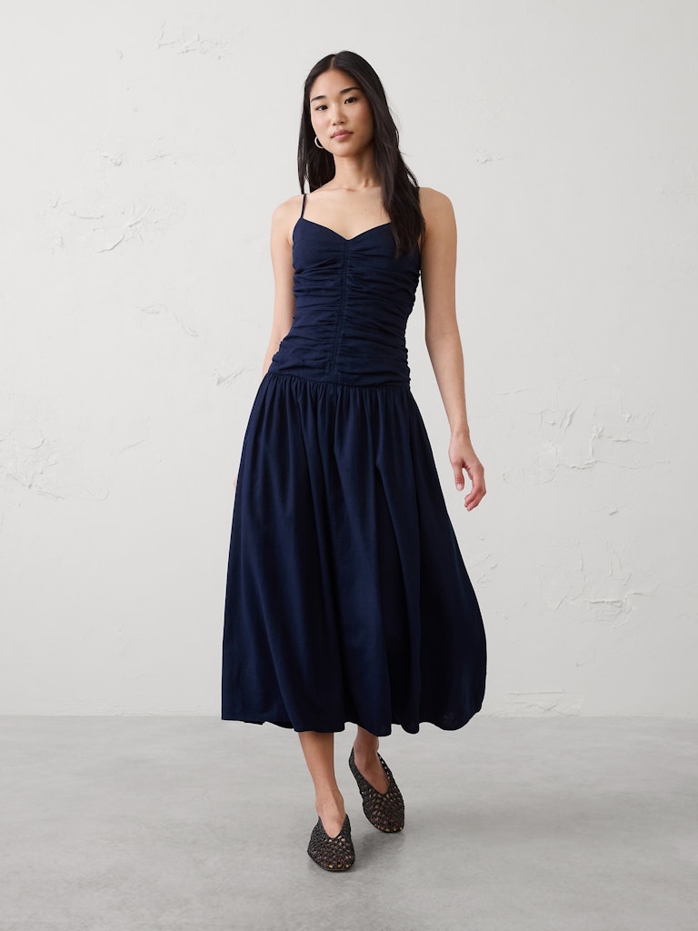 Linen-Blend Strappy Ruched-Bodice Maxi Dress: $80 Linen-Blend Strappy Ruched-Bodice Maxi Dress: $80