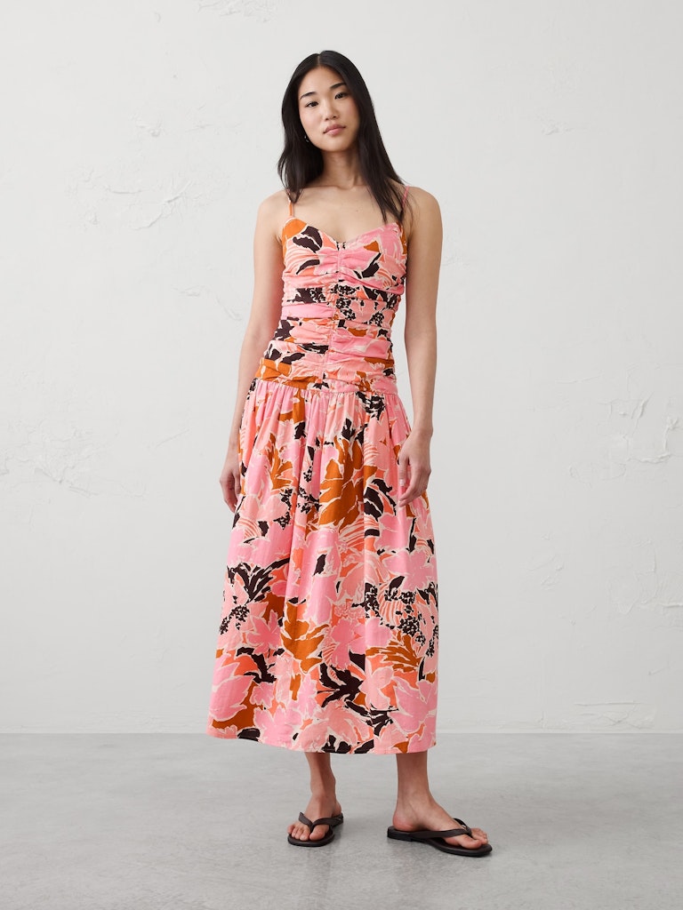 Linen-Blend Strappy Ruched-Bodice Maxi Dress: $80 Linen-Blend Strappy Ruched-Bodice Maxi Dress: $80