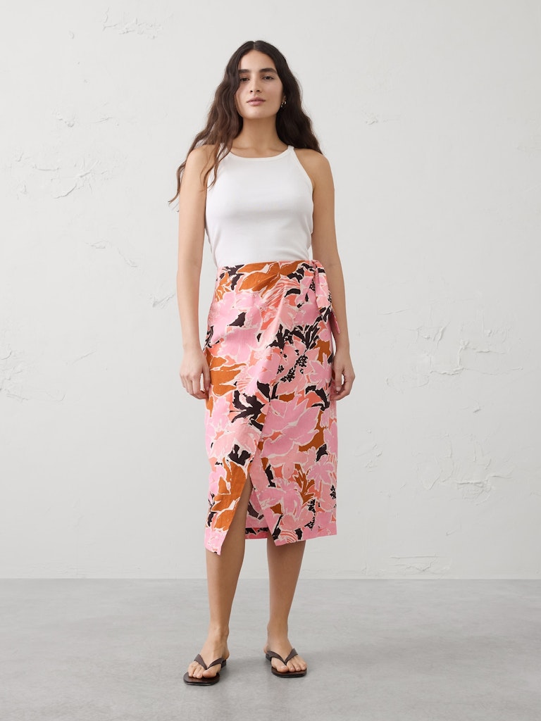 Linen-Blend Faux-Wrap Midi Skirt: $55 Linen-Blend Faux-Wrap Midi Skirt: $55