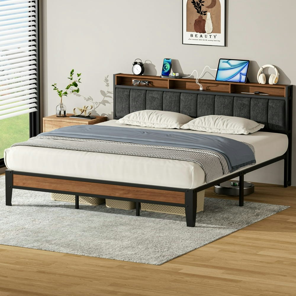 Lusimo King Upholstered Platform Bed Frame with Headboard and Charging Station: $165.99 Lusimo King Upholstered Platform Bed Frame with Headboard and Charging Station: $165.99
