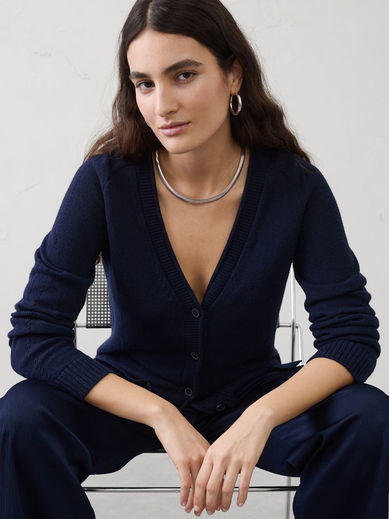 Ramie-Cotton V-Neck Cardigan Sweater: $84.97