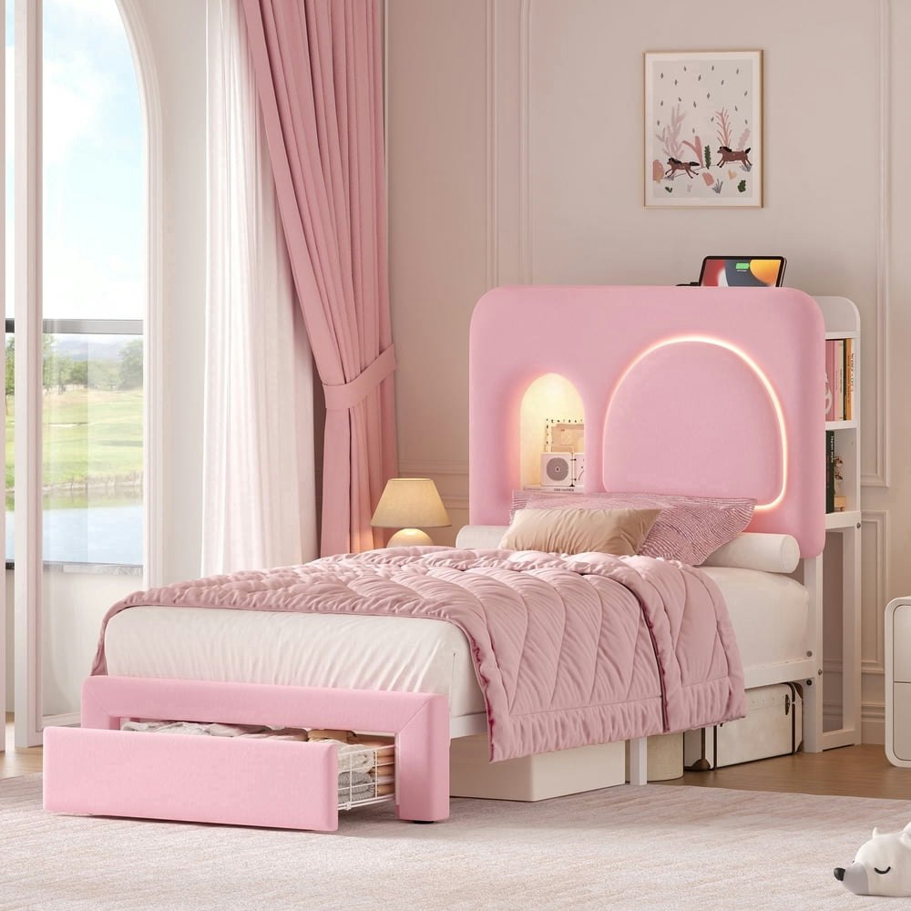 Hiphuta Twin Velvet Upholstered Platform Bed with Storage Headboard and Drawer: $169.98 Hiphuta Twin Velvet Upholstered Platform Bed with Storage Headboard and Drawer: $169.98