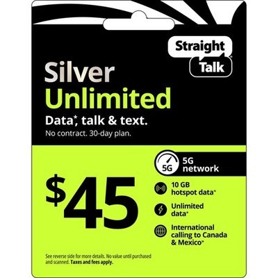 Straight Talk $45 Silver Unlimited 30-Day Prepaid Plan w/ 10GB Hotspot Data: $24 Straight Talk $45 Silver Unlimited 30-Day Prepaid Plan w/ 10GB Hotspot Data: $24