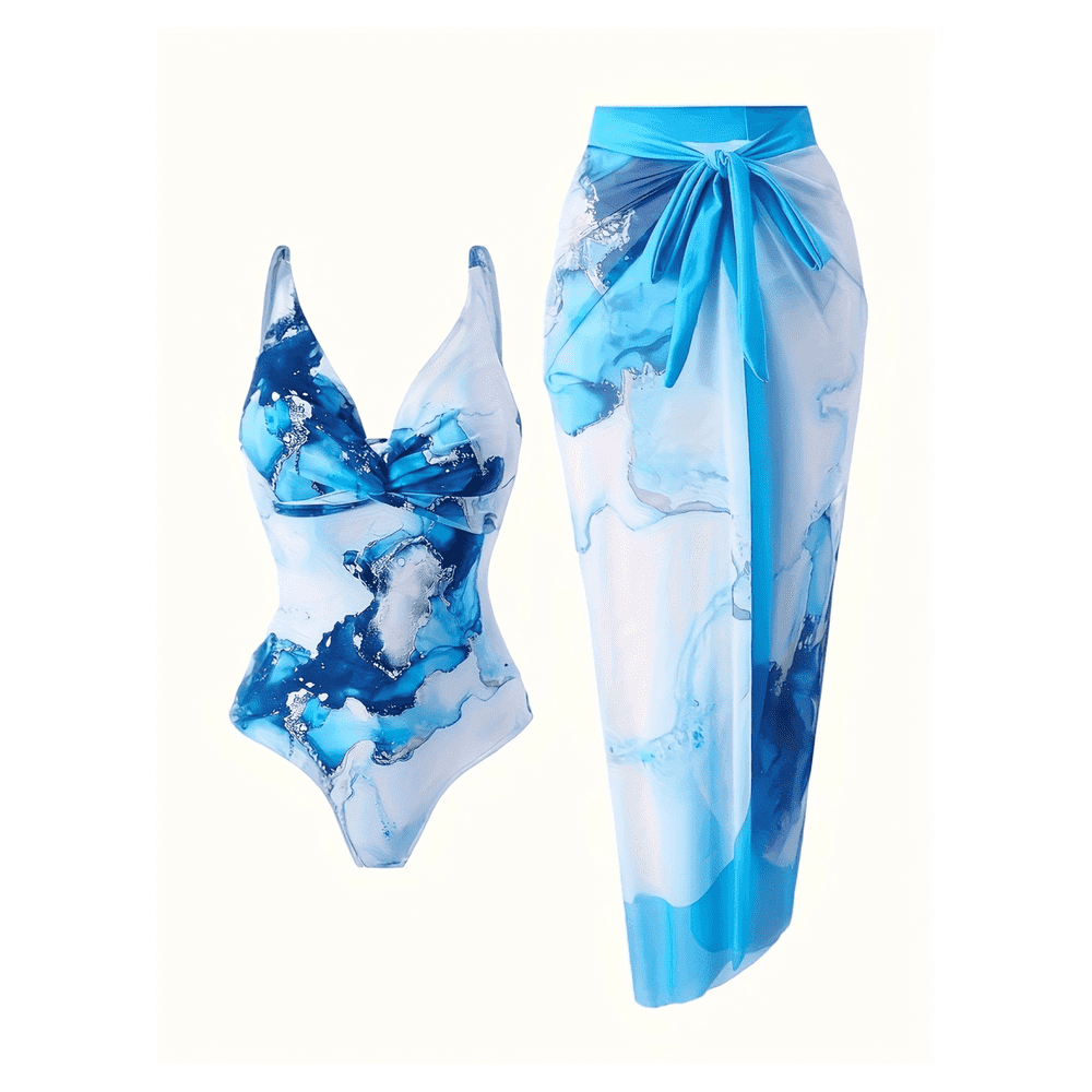 Women's Blue Gold Watercolor One-Piece Swimsuit with Mesh Cover-Up Skirt: $24.99 Women's Blue Gold Watercolor One-Piece Swimsuit with Mesh Cover-Up Skirt: $24.99