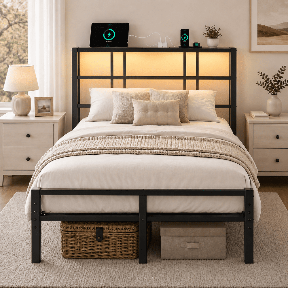 Zimtown Twin Metal Platform Bed with Storage Headboard: $69.99 Zimtown Twin Metal Platform Bed with Storage Headboard: $69.99