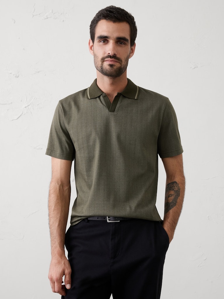 Standard-Fit Luxe Touch Johnny-Collar Polo: $26 Standard-Fit Luxe Touch Johnny-Collar Polo: $26