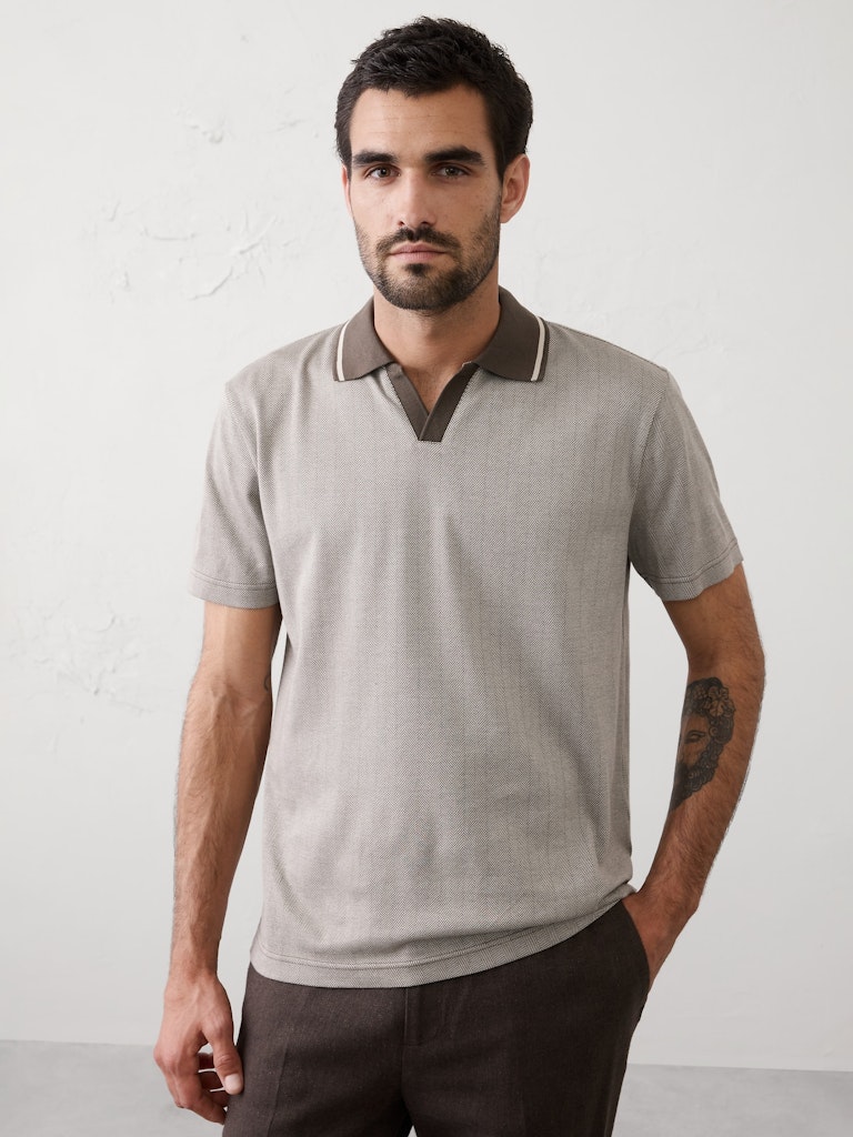Standard-Fit Luxe Touch Johnny-Collar Polo: $26 Standard-Fit Luxe Touch Johnny-Collar Polo: $26