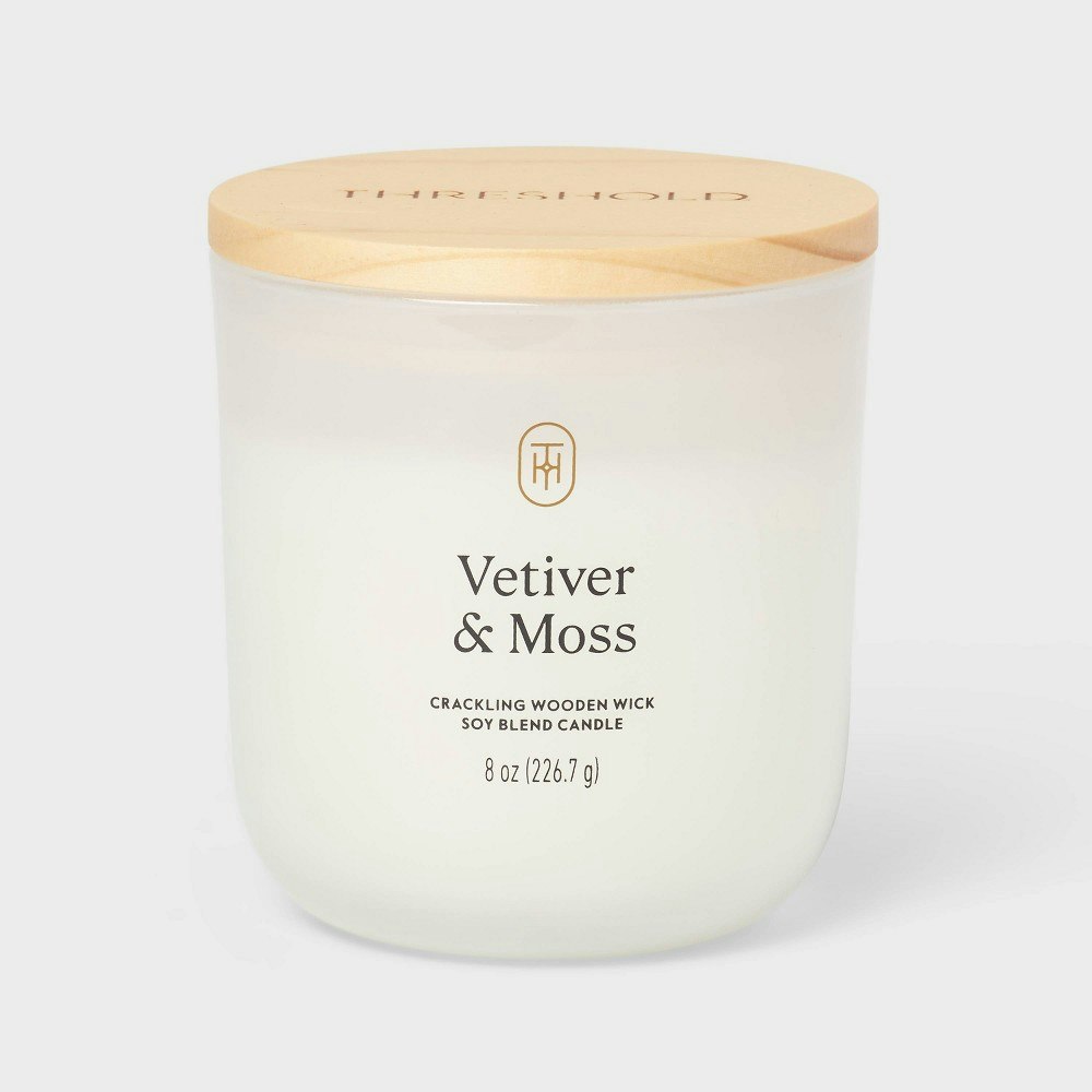 Threshold Vetiver and Moss Milky Glass Wooden Wick Jar Candle 8-oz.: $12 Threshold Vetiver and Moss Milky Glass Wooden Wick Jar Candle 8-oz.: $12