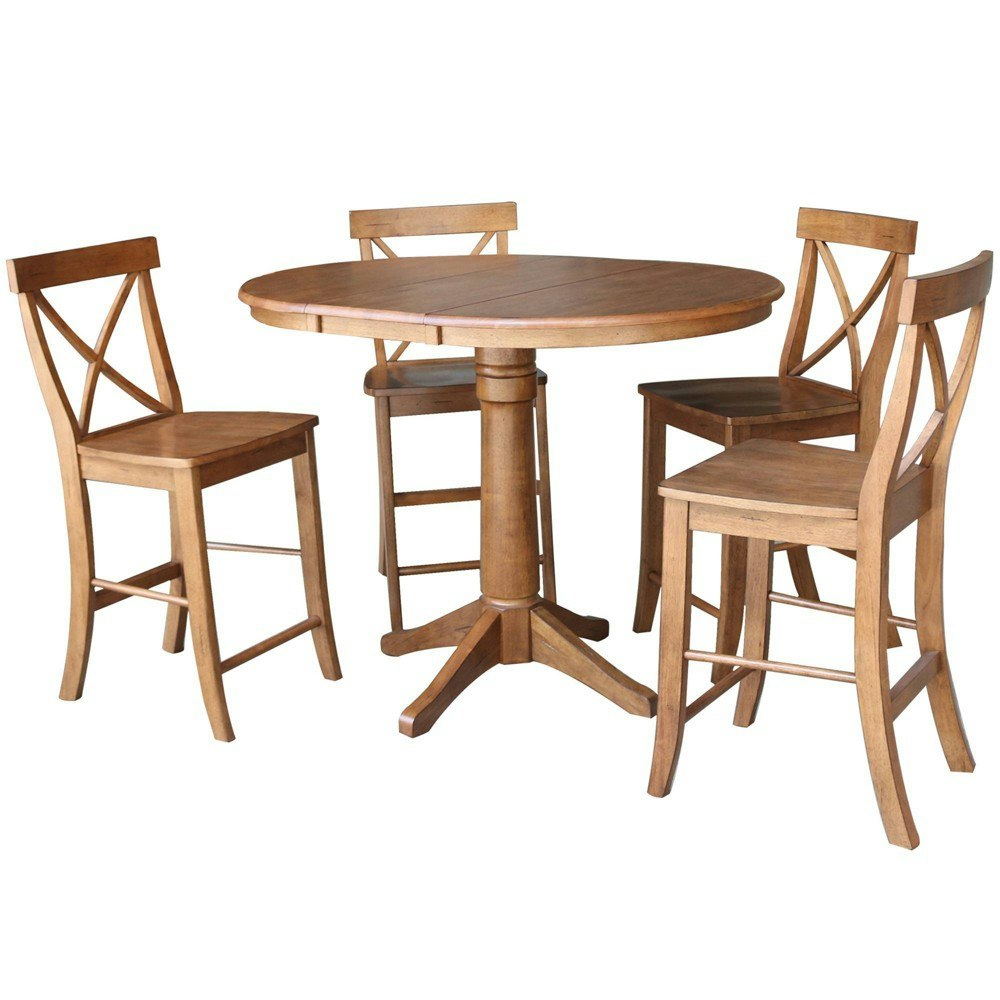 International Concepts 36-Inch Round Extendable Dining Table with 4 X-Back Stools: $1,083.99 International Concepts 36-Inch Round Extendable Dining Table with 4 X-Back Stools: $1,083.99