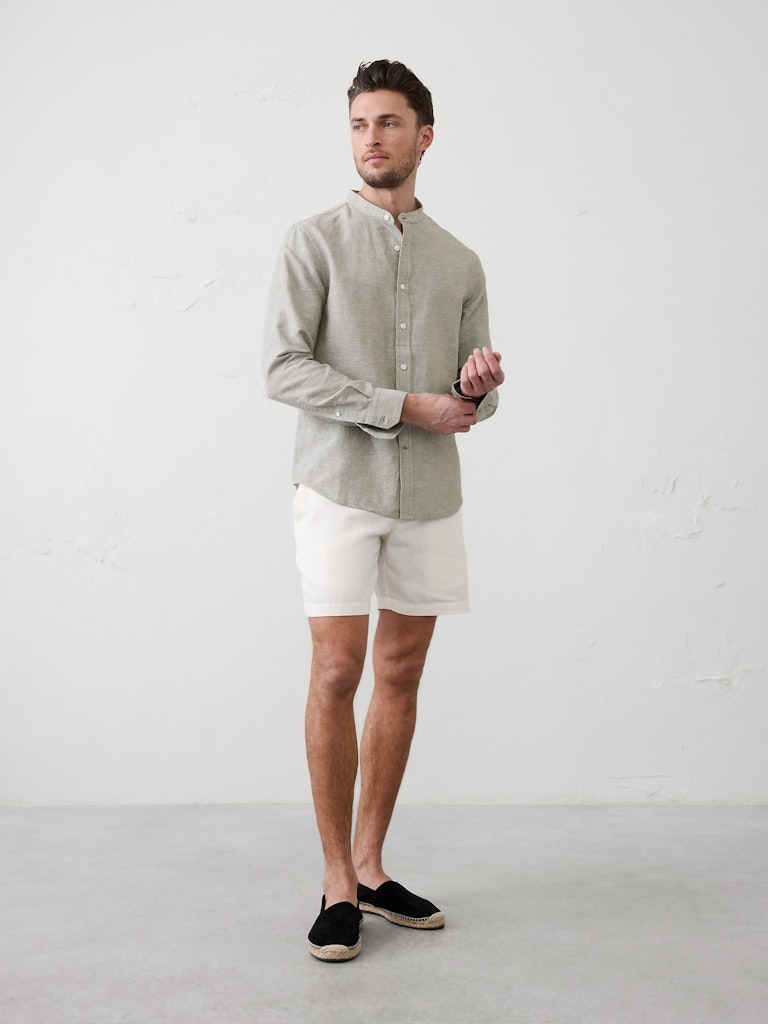 Slim-Fit Linen-Blend Banded-Collar Shirt: $40 Slim-Fit Linen-Blend Banded-Collar Shirt: $40