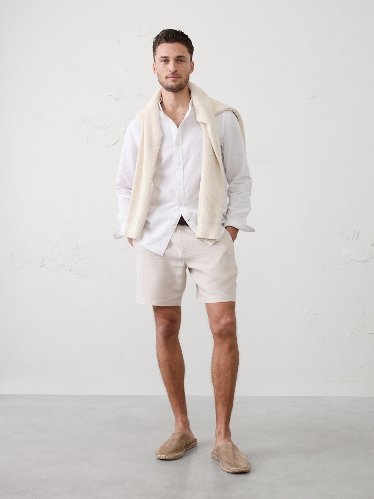 Slim-Fit Linen-Blend Banded-Collar Shirt: $40 Slim-Fit Linen-Blend Banded-Collar Shirt: $40