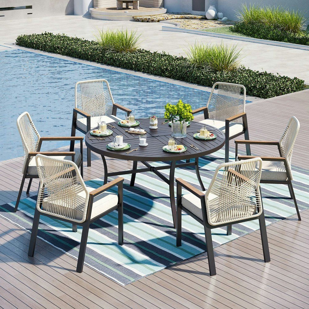 Captiva Designs 7-Piece Slat-top Round Steel Dining Set: $934.99 Captiva Designs 7-Piece Slat-top Round Steel Dining Set: $934.99