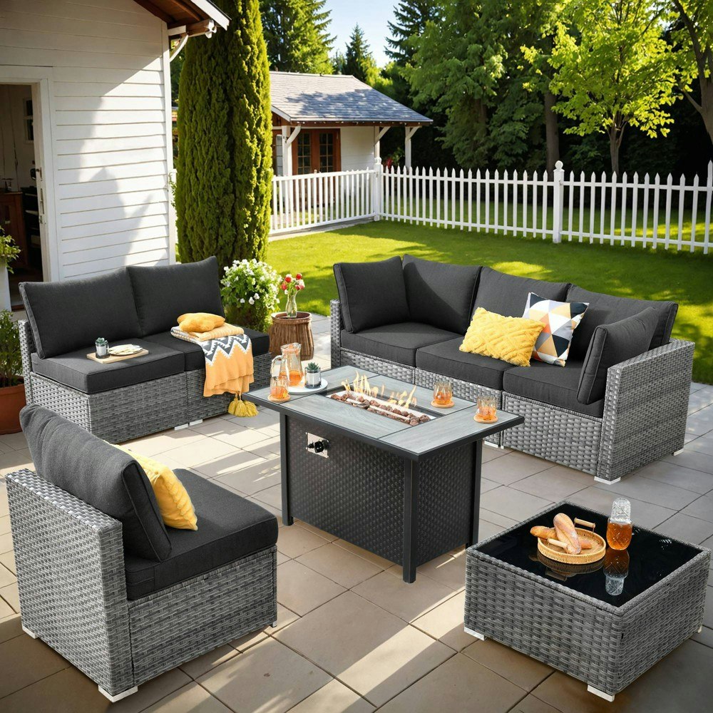 Ovios Venice 8-Piece Wicker Outdoor Patio Furniture Set with Fire Pit: $1,387.99