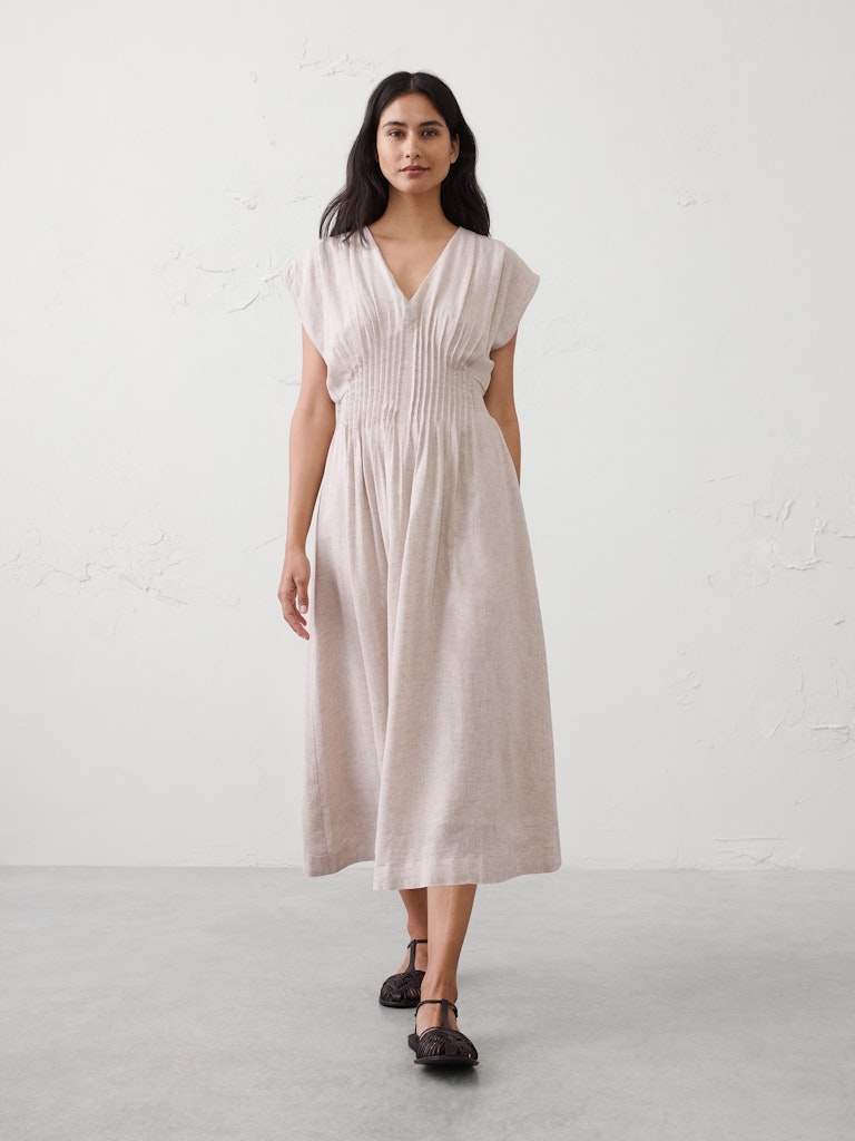 Linen-Blend Pleated-Waist Midi Dress: $75
