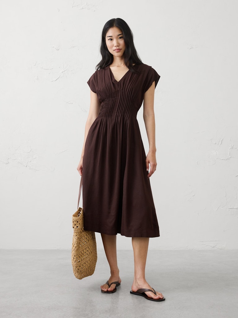 Linen-Blend Pleated-Waist Midi Dress: $75 Linen-Blend Pleated-Waist Midi Dress: $75