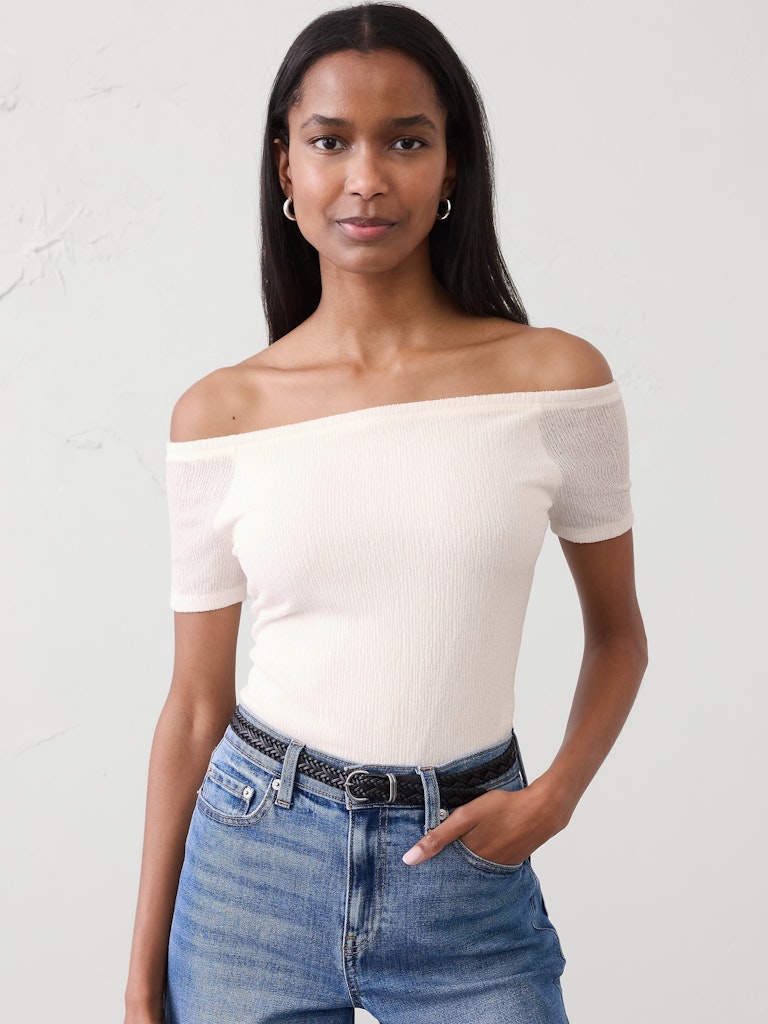Off-Shoulder Jacquard Crinkle Top: $27.97 Off-Shoulder Jacquard Crinkle Top: $27.97