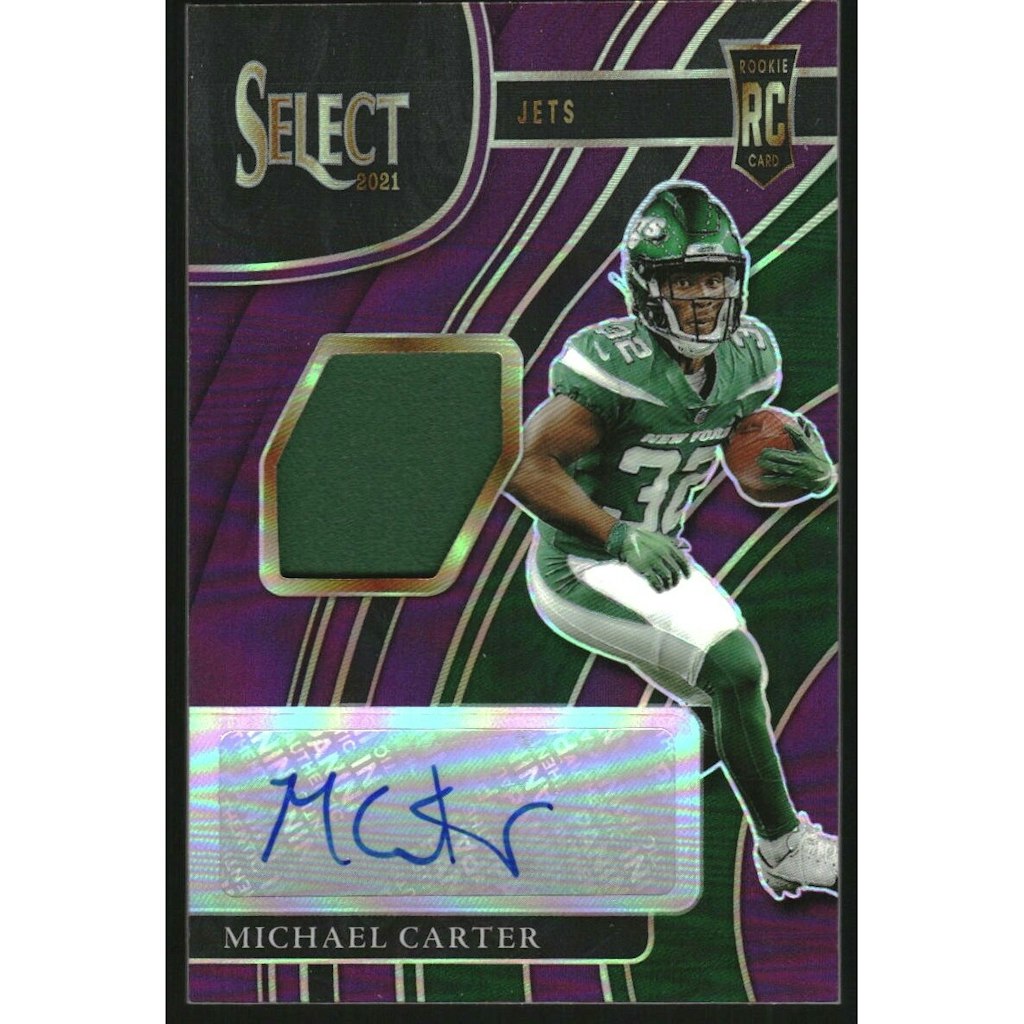 2021 Select Michael Carter Rookie Signature Memorabilia Prizm Purple Card 18/49: $22.50 2021 Select Michael Carter Rookie Signature Memorabilia Prizm Purple Card 18/49: $22.50