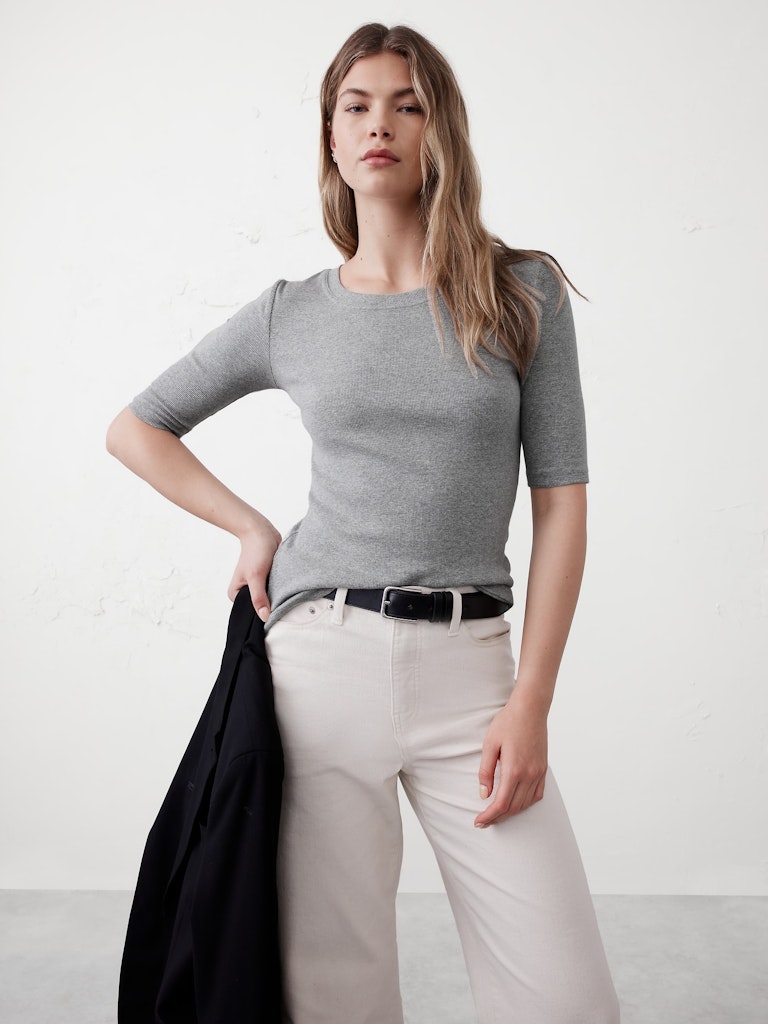 Ribbed Elbow-Sleeve T-Shirt: $17.50
