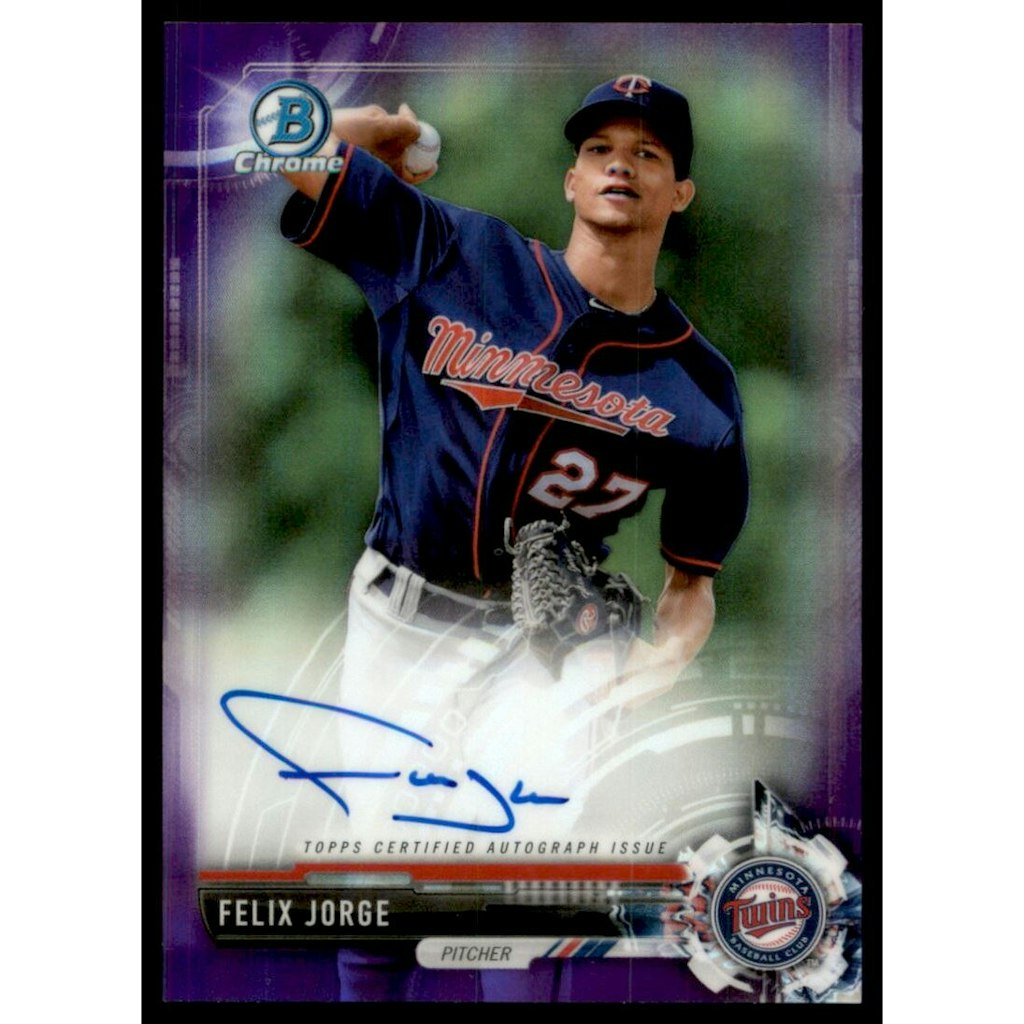 2017 Bowman Chrome Felix Jorge Prospect Autograph Purple Refractor Card: $10.80 2017 Bowman Chrome Felix Jorge Prospect Autograph Purple Refractor Card: $10.80