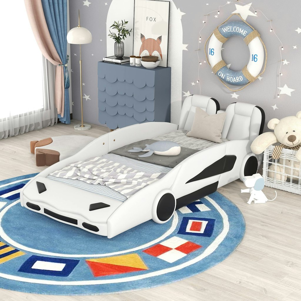 Merax Twin Upholstered Race Car Bed Frame: $139