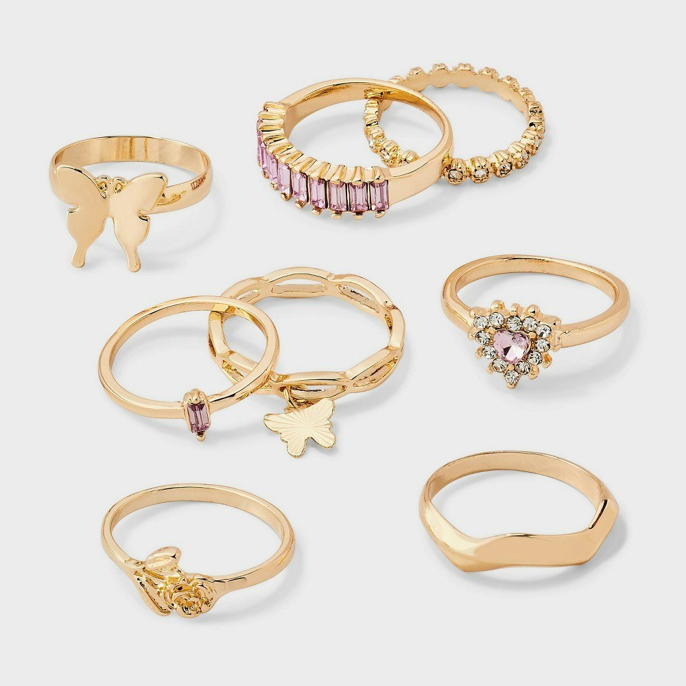 Wild Fable Crystal and Butterfly Ring 8-Piece Set: $12 Wild Fable Crystal and Butterfly Ring 8-Piece Set: $12