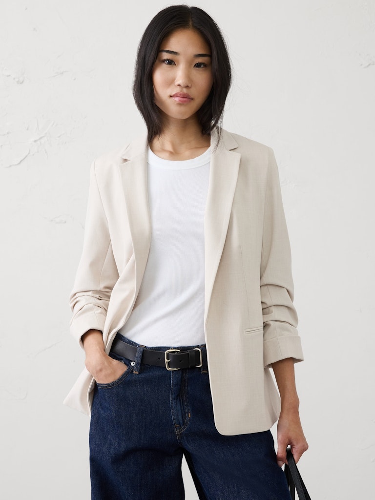 Sculpted Stretch Ruched-Sleeve Blazer: $90 Sculpted Stretch Ruched-Sleeve Blazer: $90