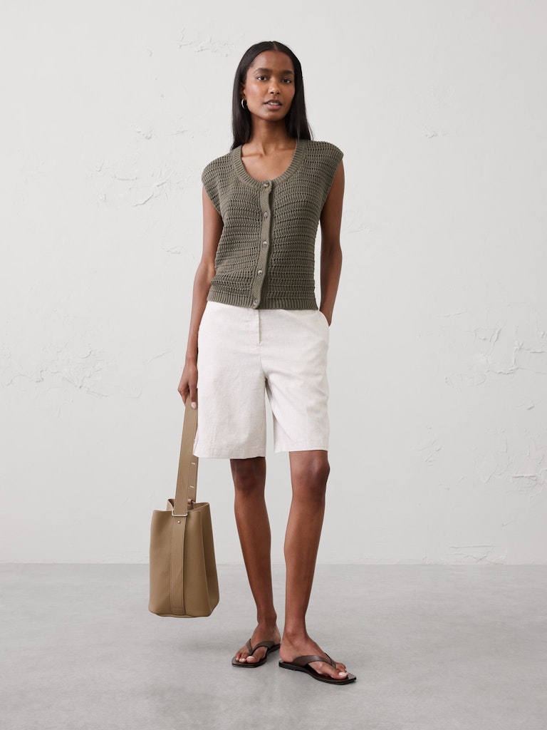 High-Rise Linen-Blend Bermuda Shorts: $40 High-Rise Linen-Blend Bermuda Shorts: $40