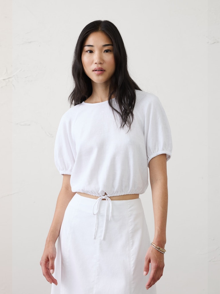 Linen-Blend Bubble-Tie Top: $37.50 Linen-Blend Bubble-Tie Top: $37.50