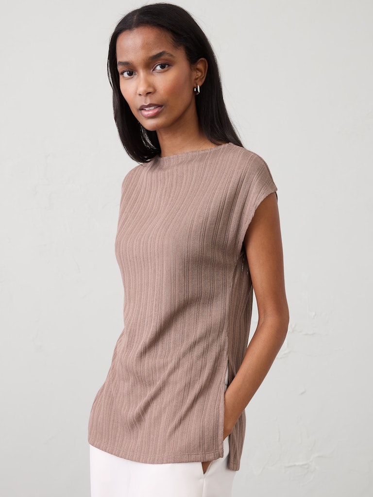 Sheer Ribbed Straight-Neck Top: $22.50