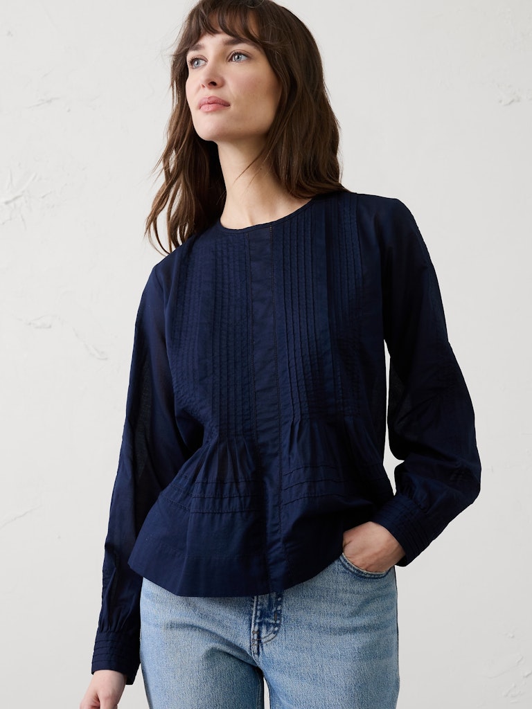 Pintuck Button-Back Top: $45 Pintuck Button-Back Top: $45