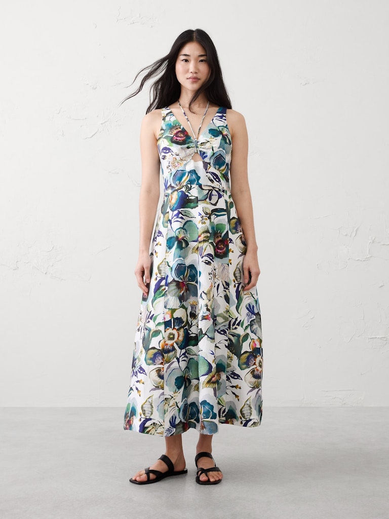 Linen-Blend Cutout Tie-Front Midi Dress: $54 Linen-Blend Cutout Tie-Front Midi Dress: $54