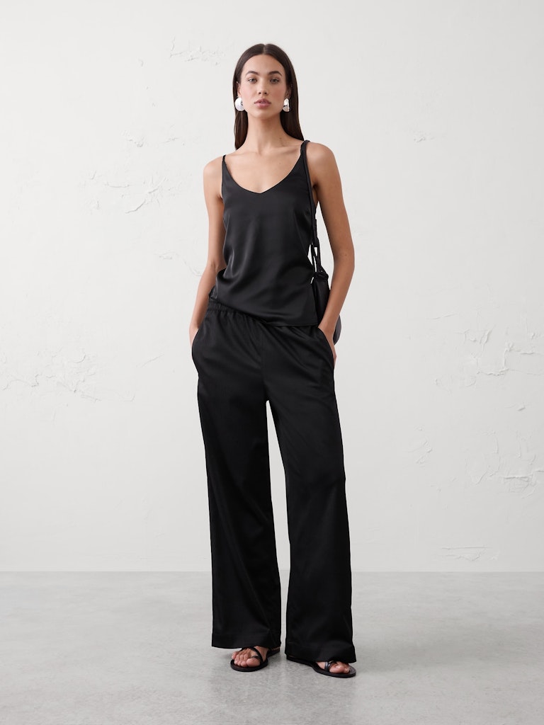 Wide-Leg High-Rise Crinkle Satin Pull-On Pant: $50 Wide-Leg High-Rise Crinkle Satin Pull-On Pant: $50