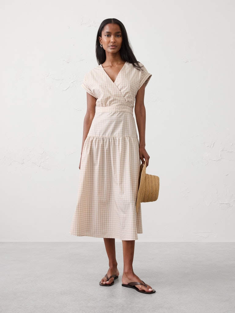 Poplin Surplice Midi Dress: $60 Poplin Surplice Midi Dress: $60