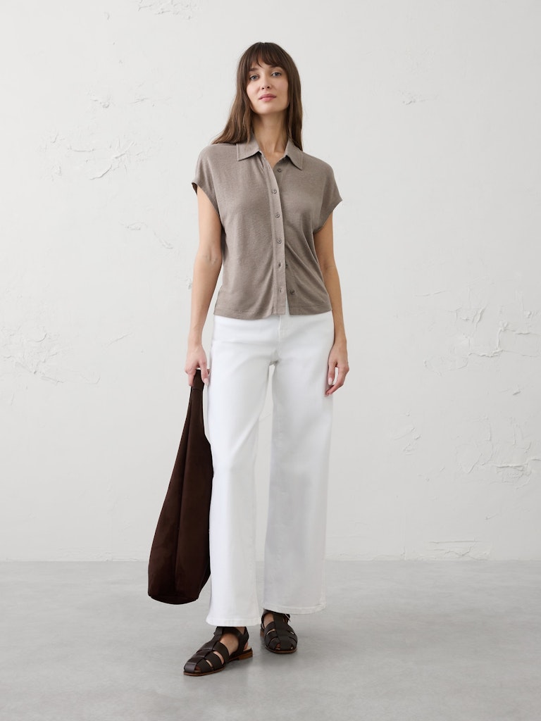 Linen-Blend Collared Top: $15