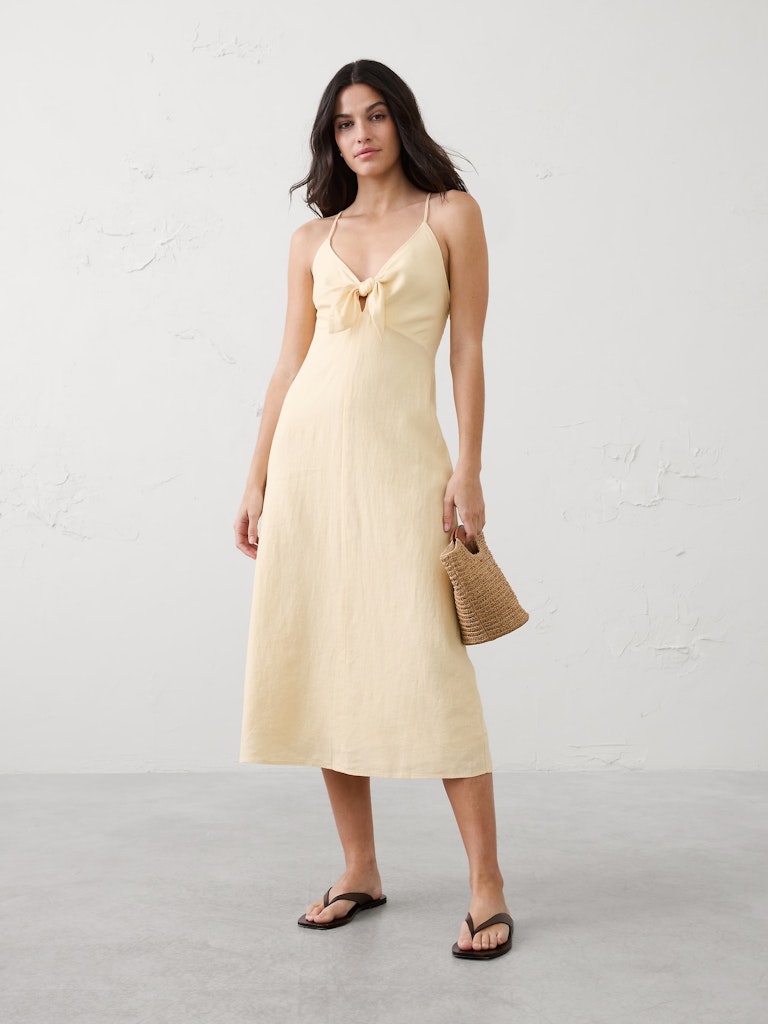 Linen-Blend Tie-Front Midi Dress: $96 Linen-Blend Tie-Front Midi Dress: $96